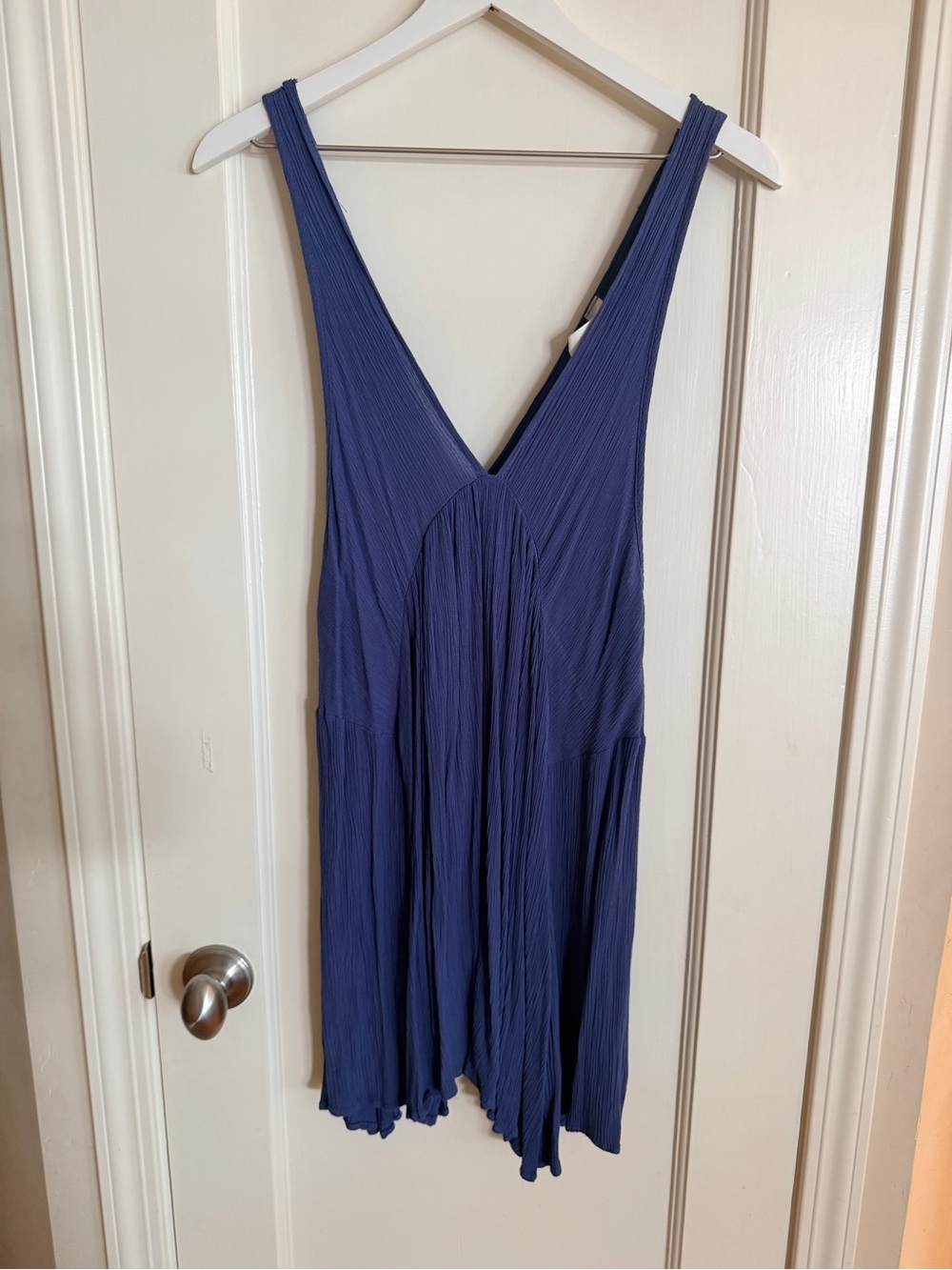 mahina Deep V Navy Blue Pleated Swim Coverup/Dress 100% Rayon
